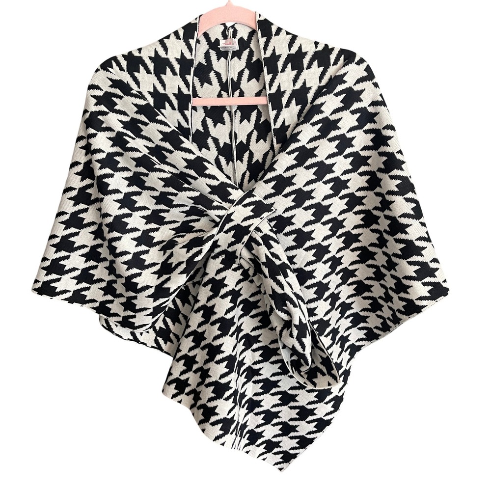 Black White Houndstooth Knit Poncho Wrap Draped Front Loop Shawl Sweater OS